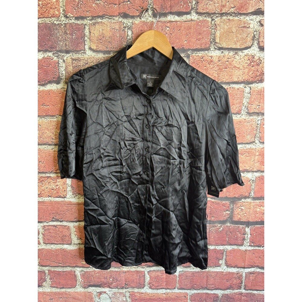 INC International Concepts Womens Black Silk Short Sleeve Button Up Shirt 10 NWT